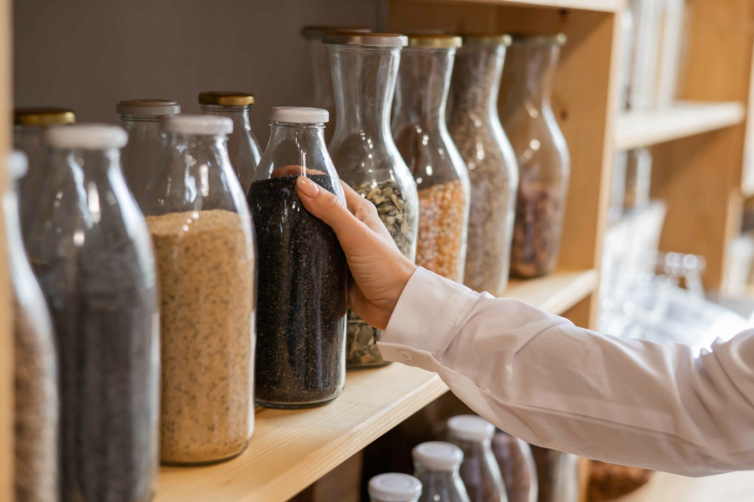 Clear jars on a shelf