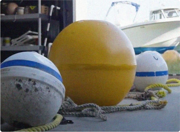 Yellow, white, and blue circular plastic buoys